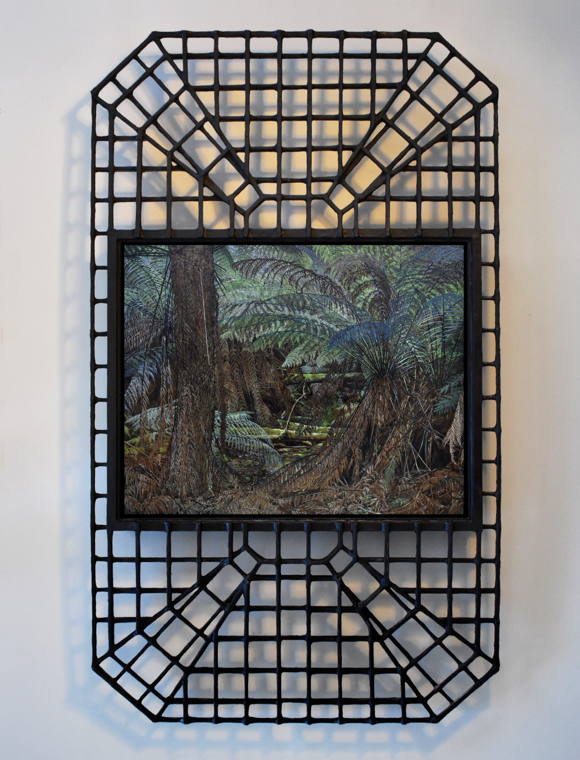 WC13 - Canopy of ferns and steel. 2020. Oil on board with timber and papier-mâché frame. 1050 x 620mm
